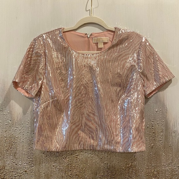 Michael Kors Tops - Michael Kors Sparkling Sequins Over Pink Zebra Print Sequin Crop Top - Size M